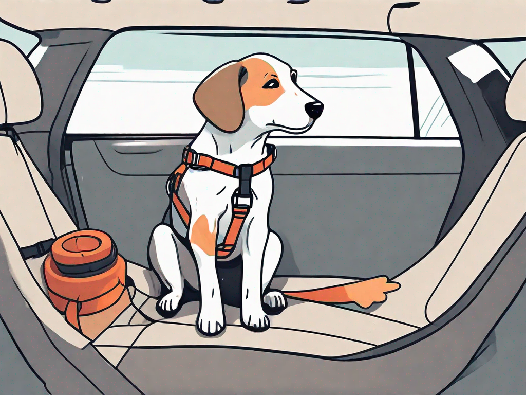 A happy puppy sitting on a car seat with a safety harness on