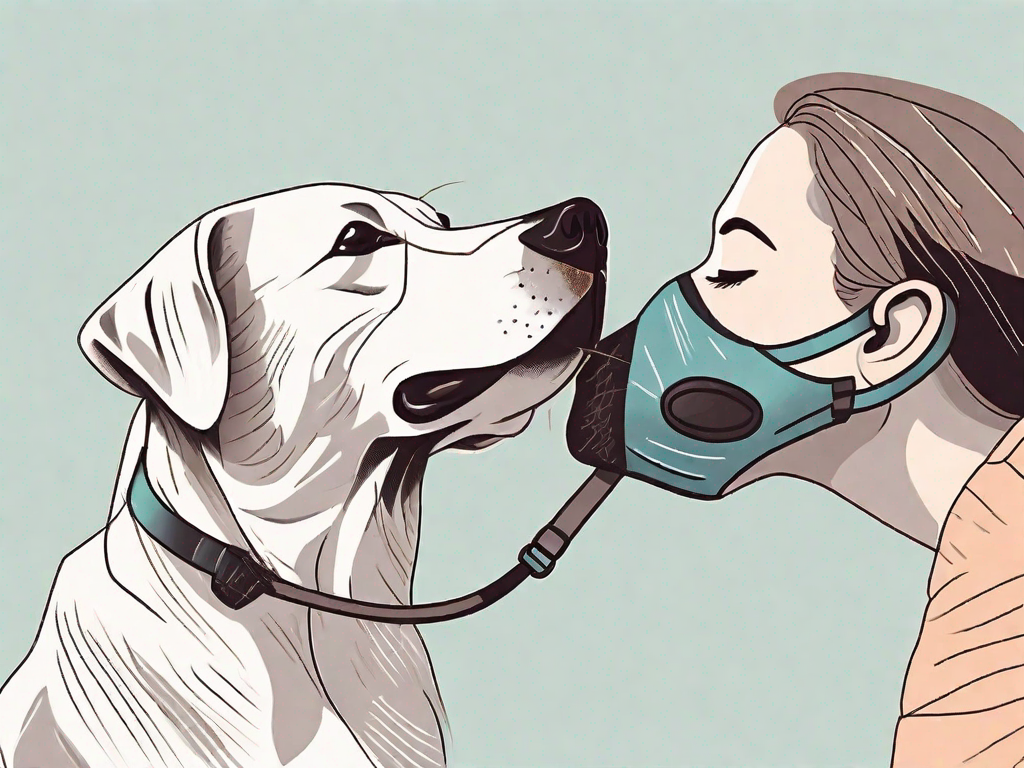 A responsible pet owner gently fitting a dog muzzle on a calm and relaxed dog