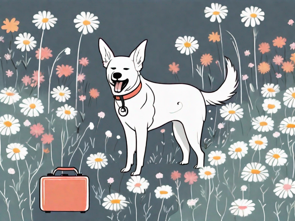 A dog sneezing amidst a field of blooming flowers