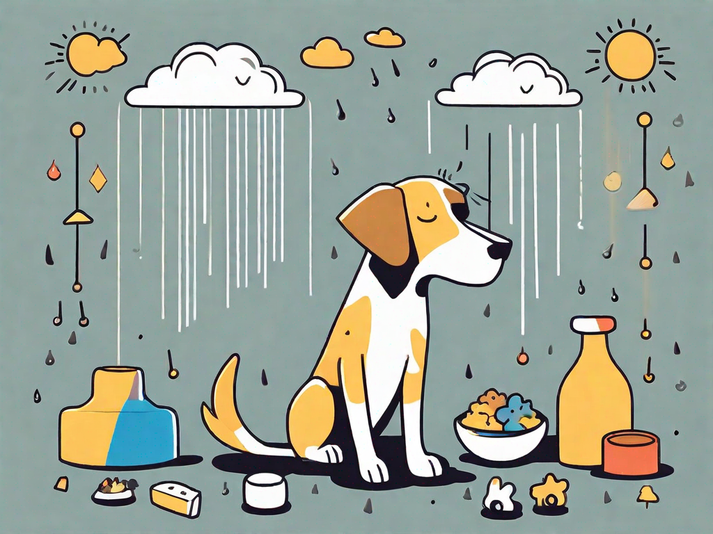 A sad-looking dog sitting alone with a rain cloud over its head