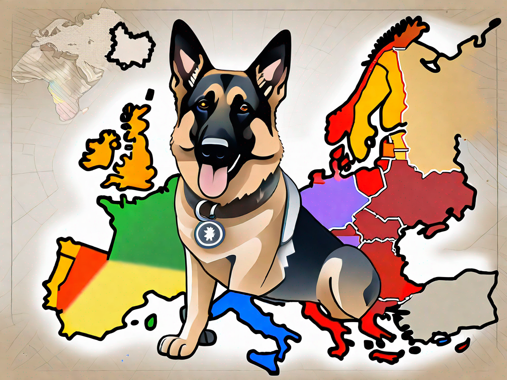 A german shepherd dog with a collar tag shaped like a euro symbol