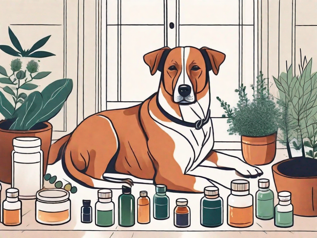 A dog sitting next to a variety of homeopathic remedies