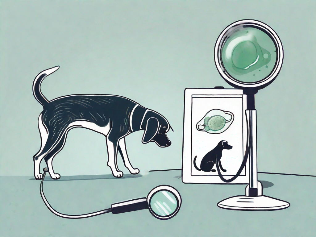 A dog looking curiously at a toxoplasma gondii parasite under a magnifying glass