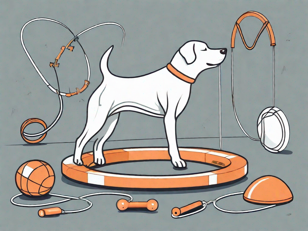 A playful dog engaging with various training tools and obstacles