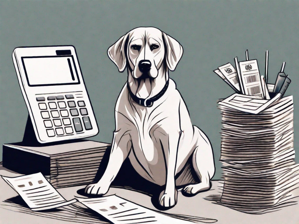 A dog sitting next to a stack of invoices and a calculator