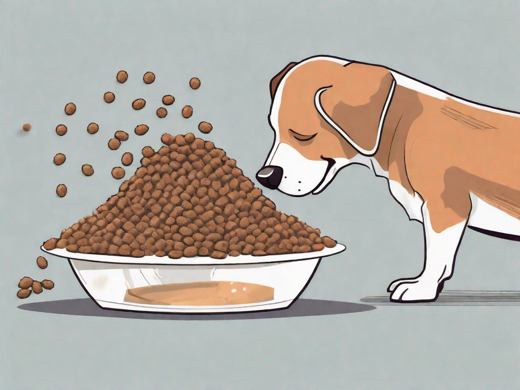 A dog eating from a specially designed slow-feeder bowl with scattered kibble around