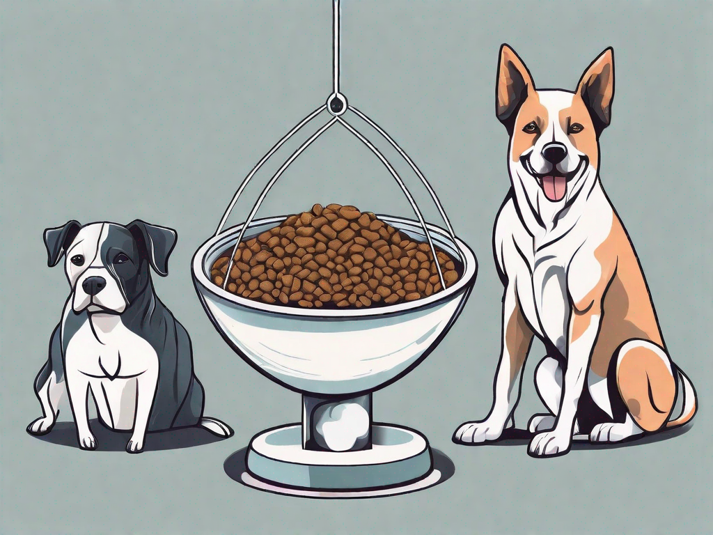 A balanced scale with a bowl of dry pet food on one side and a bowl of wet pet food on the other