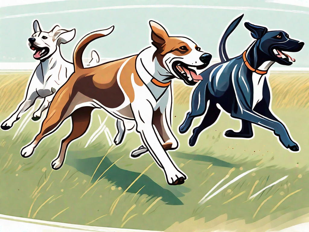 A variety of dog breeds energetically chasing after a mechanical lure on a coursing field