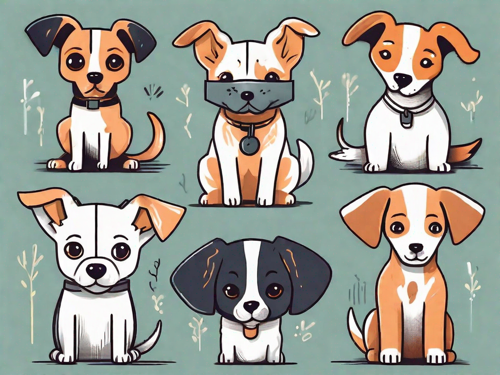 A variety of different puppy breeds playfully interacting with various unique and quirky name tags