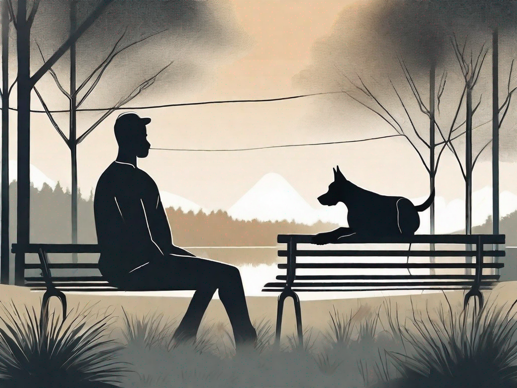 A dog and a human silhouette sitting together in a peaceful outdoor setting