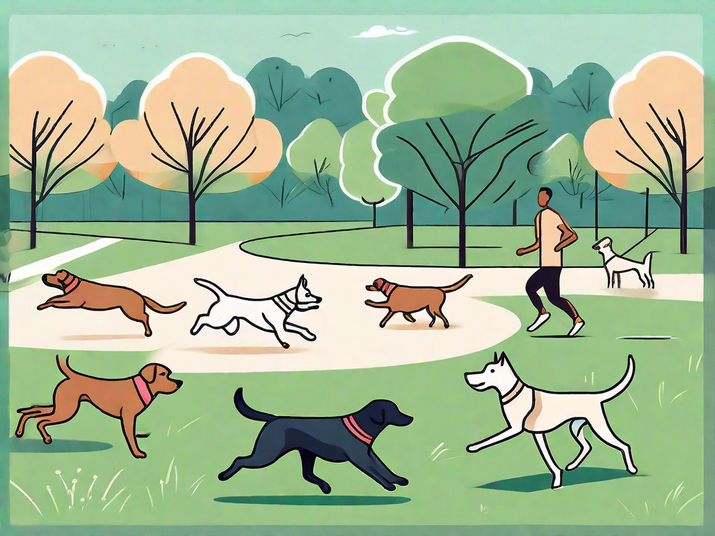 A variety of dogs engaging in different forms of exercise such as running