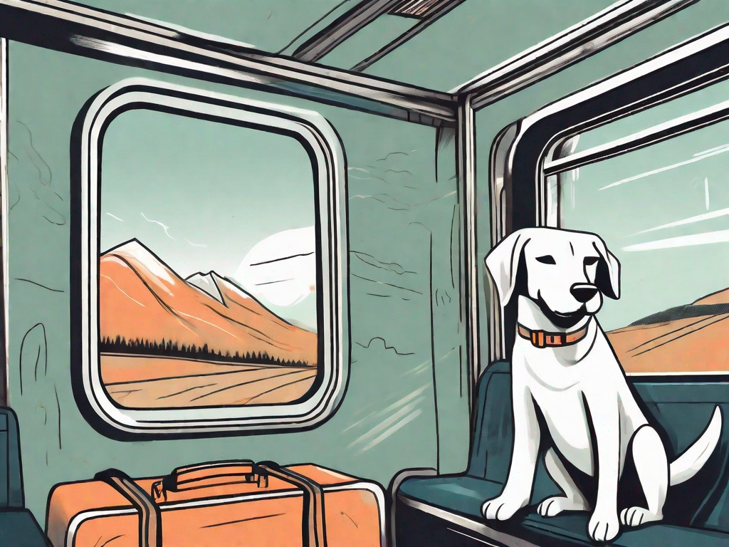 A dog comfortably seated in a train cabin with a travel bag