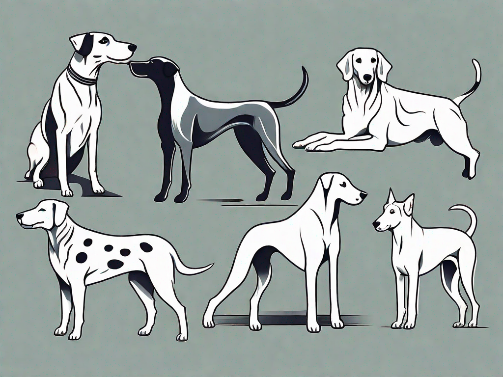 A variety of different dog breeds displaying unique behaviors or characteristics