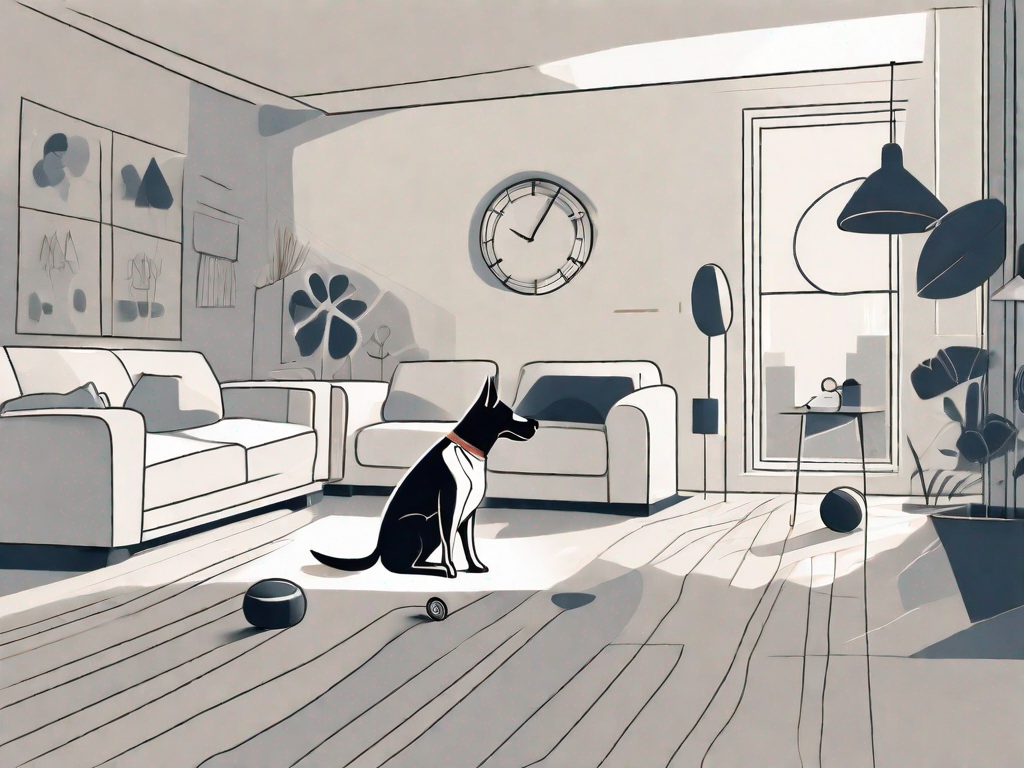 A living room scene with a dog happily playing with its toys while a clock on the wall indicates it's midday