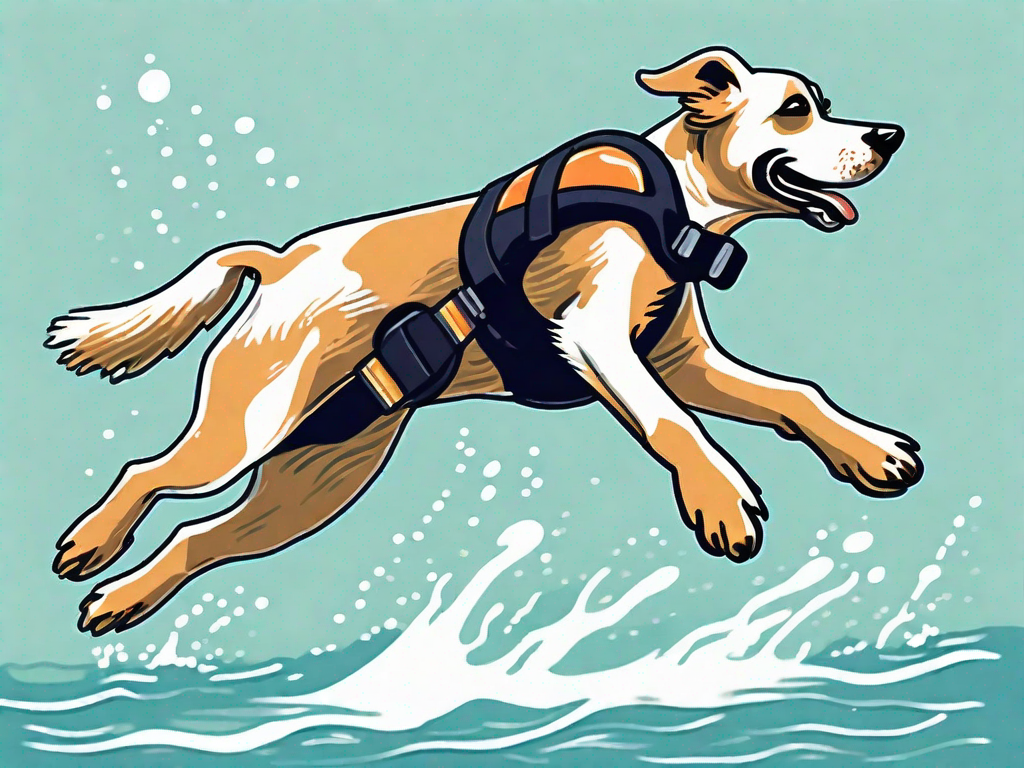 An energetic dog leaping into a body of water