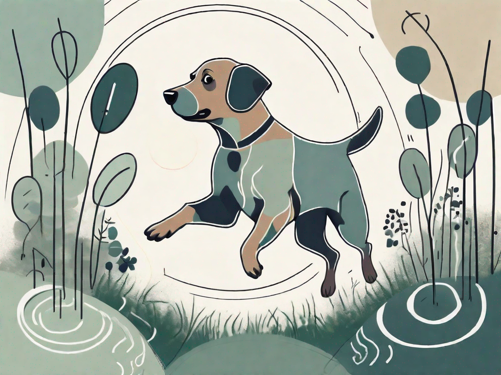 A curious-looking dog running in circles in a garden