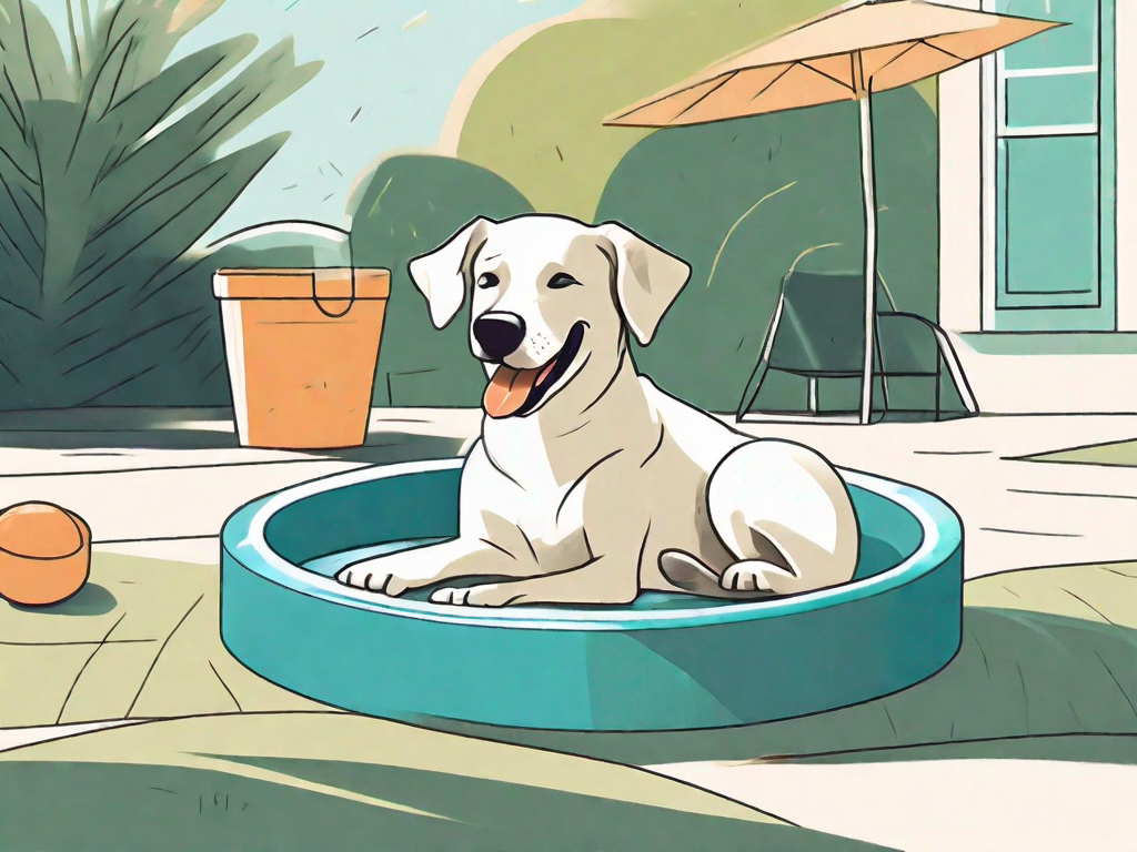 A happy dog lounging in a shaded area with a water bowl