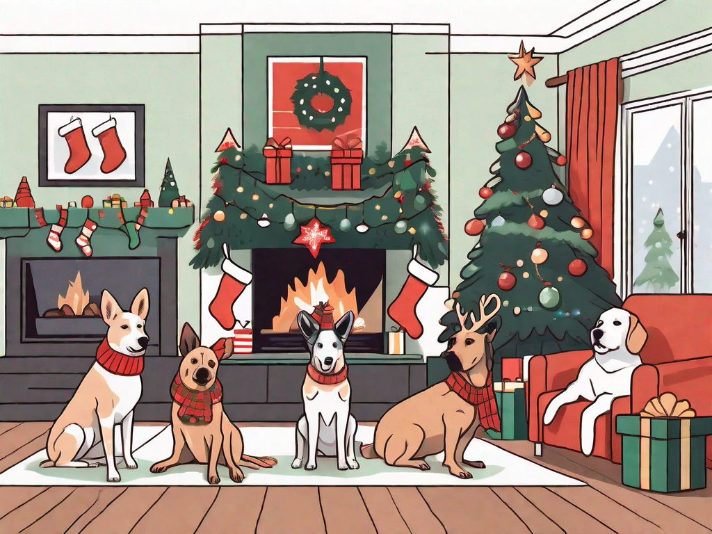Various breeds of dogs dressed in festive christmas costumes