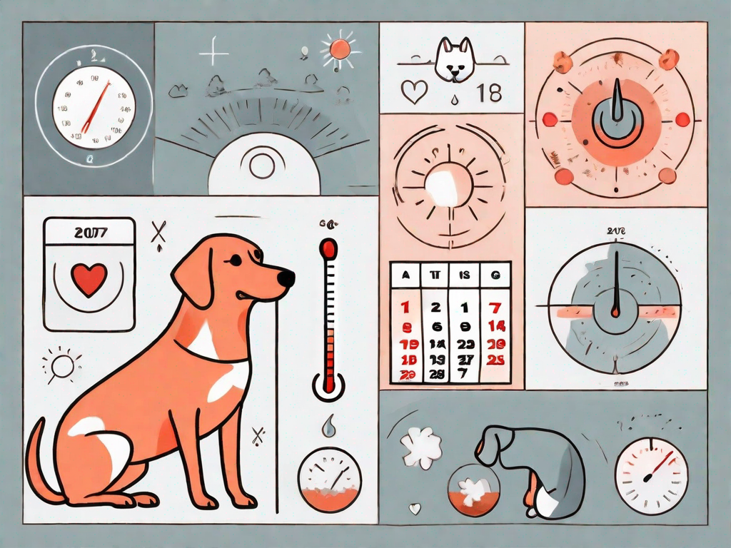 A female dog surrounded by symbols of various stages of the heat cycle