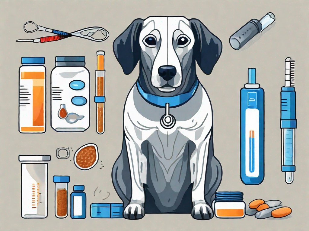 A dog sitting next to a variety of items related to diabetes treatment such as insulin syringes