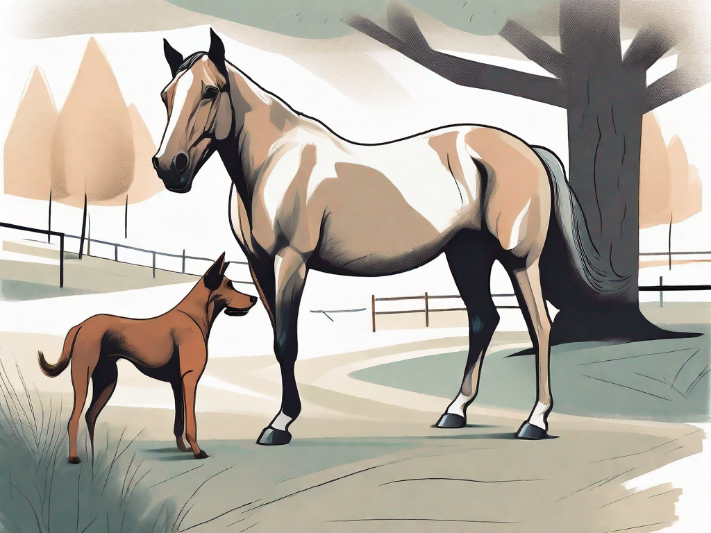A friendly dog cautiously approaching a calm horse in a peaceful outdoor setting