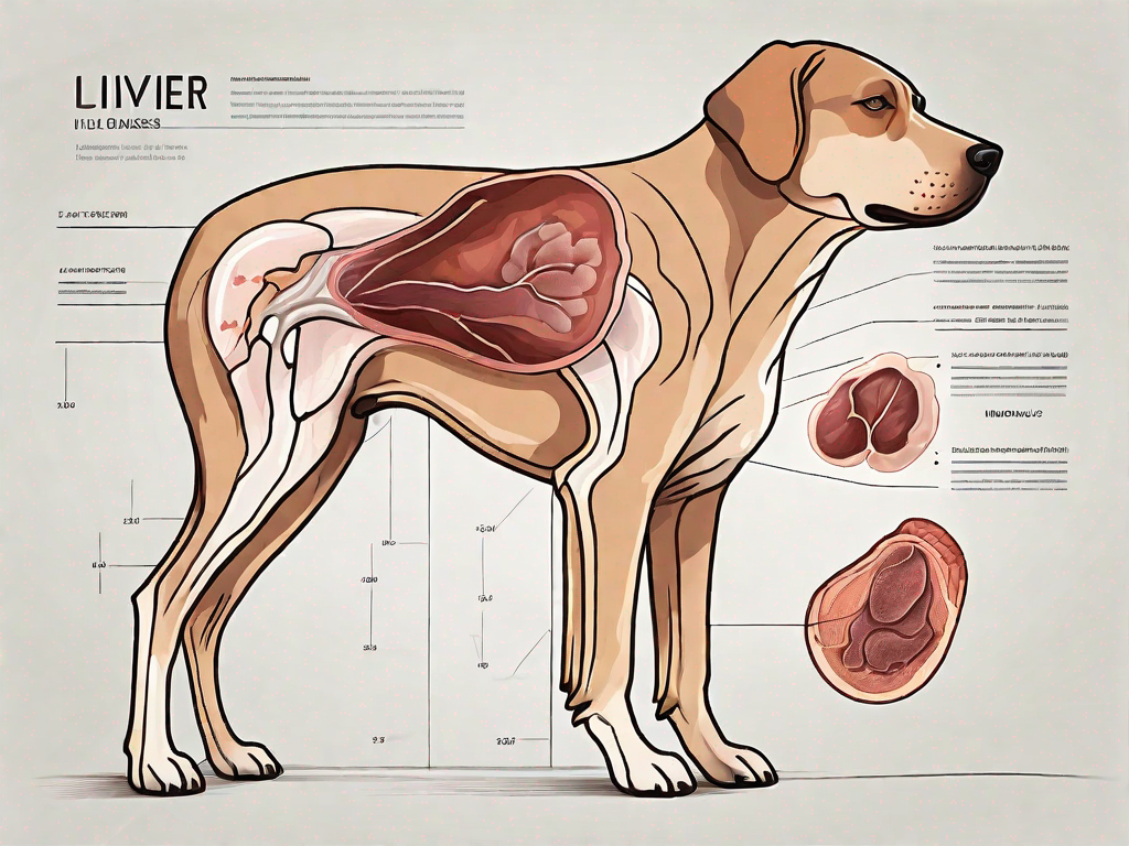 A healthy dog next to an anatomical illustration of a dog's liver