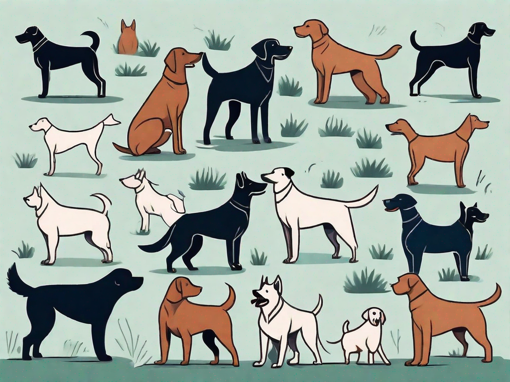 Various dog breeds interacting in a park setting