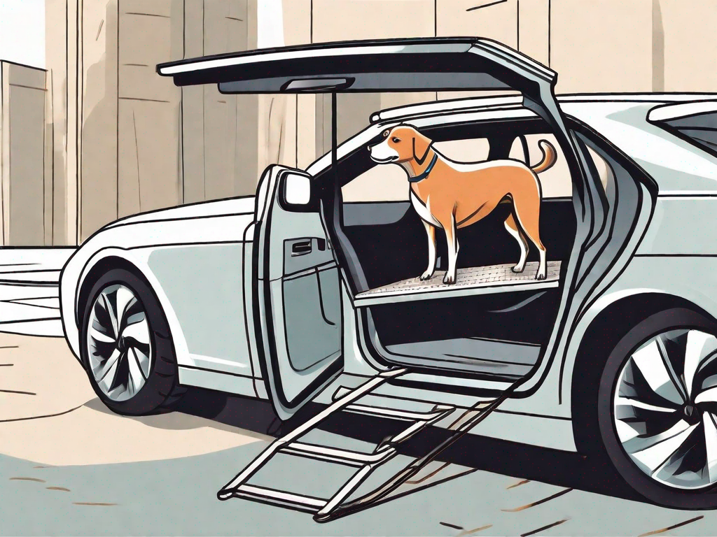 A dog ramp attached to a car with a dog happily climbing up