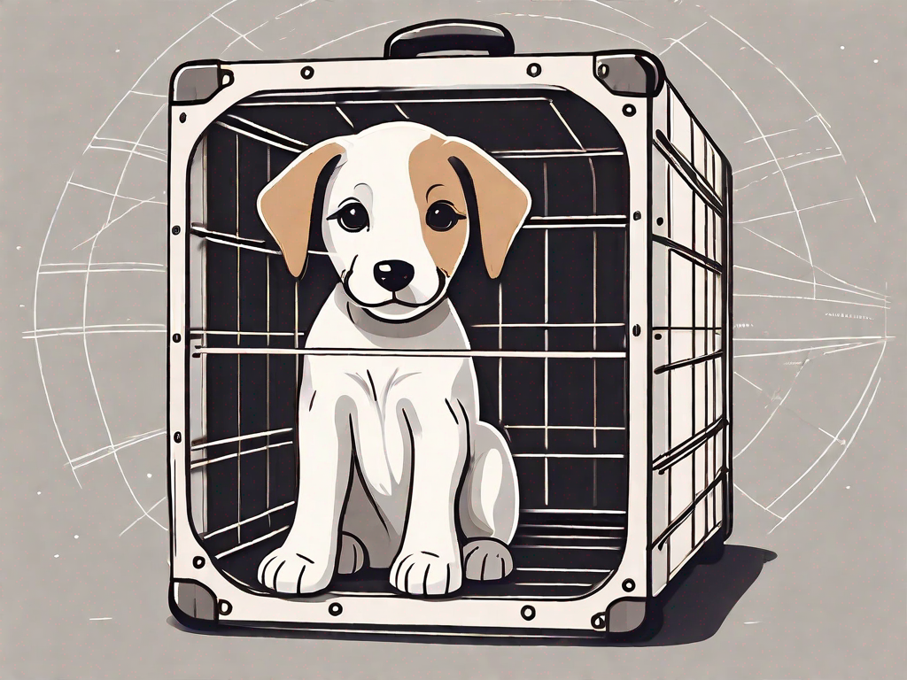 A cute puppy inside a travel crate with a globe in the background