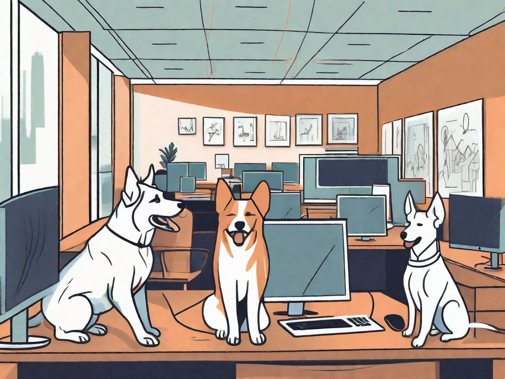 A few different breeds of dogs happily interacting in an office environment