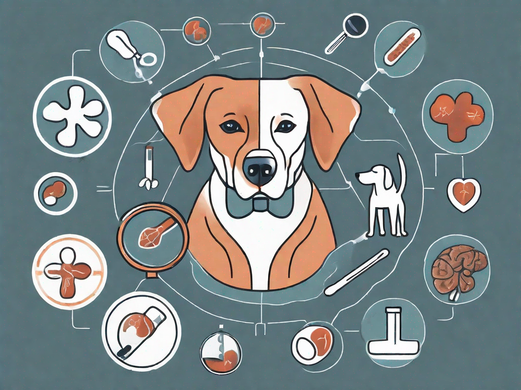 A sick dog lying down with various kidney-related icons around it