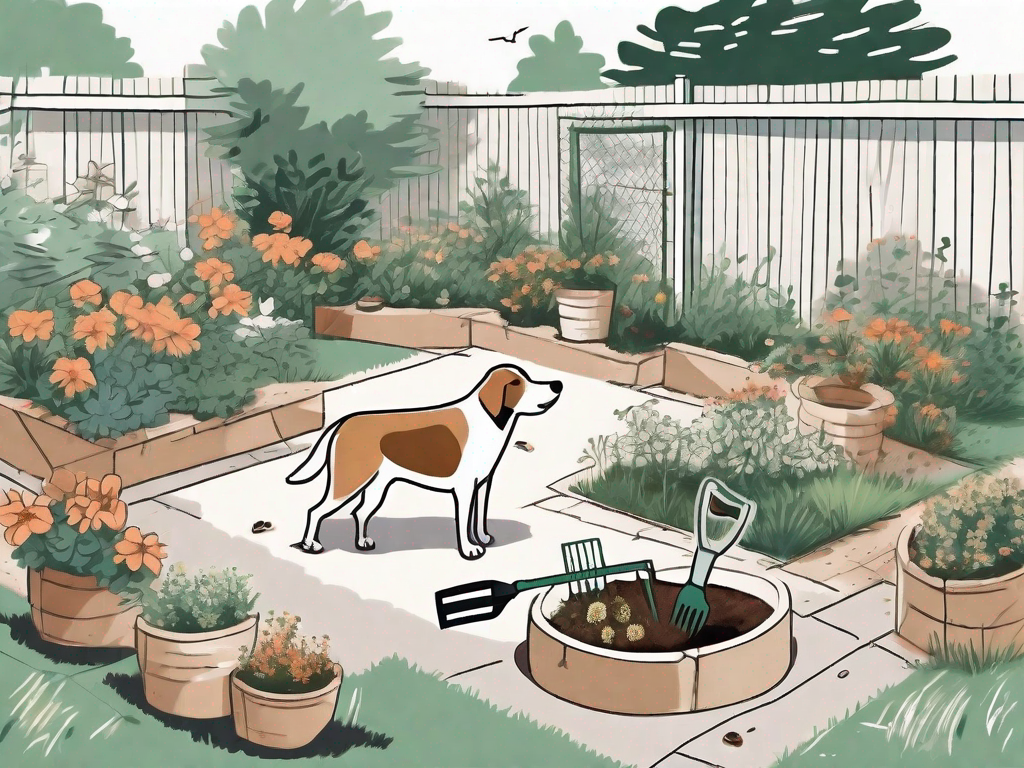 A playful dog digging a hole in a well-kept garden