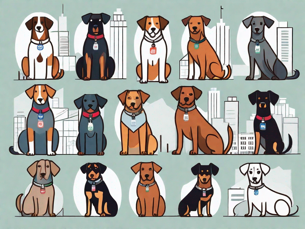 A variety of dog breeds with their respective license tags attached to their collars