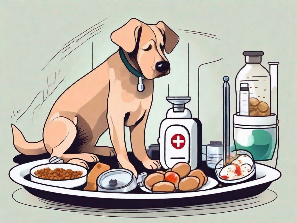 A sick dog near a bowl of food with a thermometer and medical kit nearby