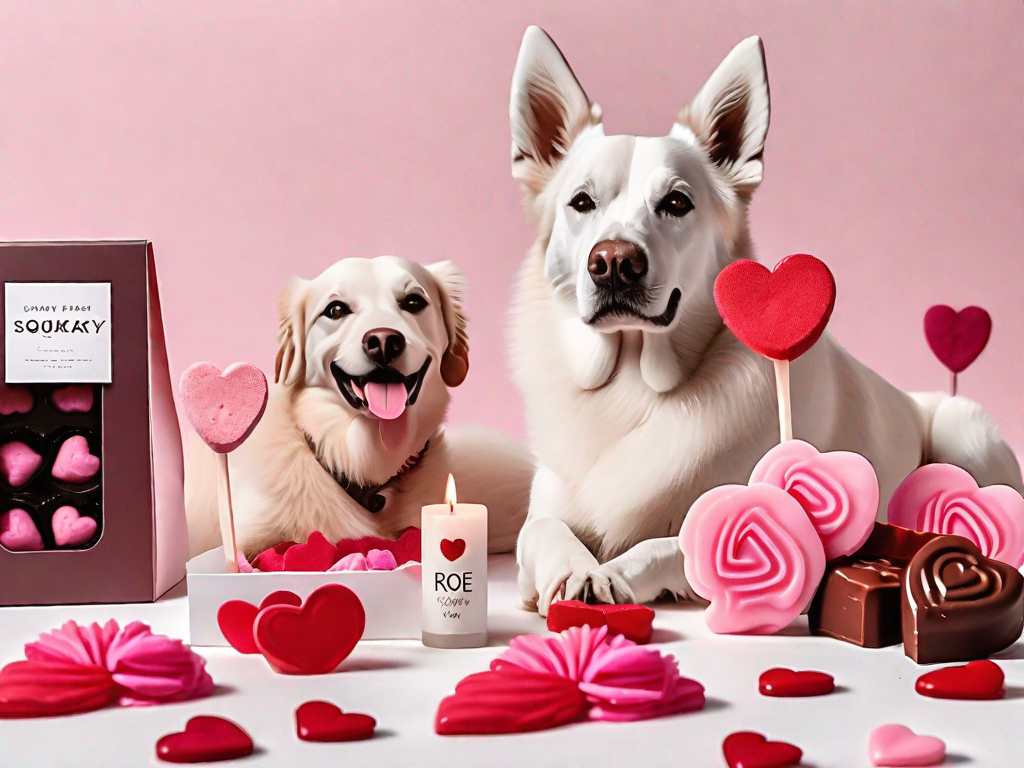 A variety of valentine's day themed dog toys and treats