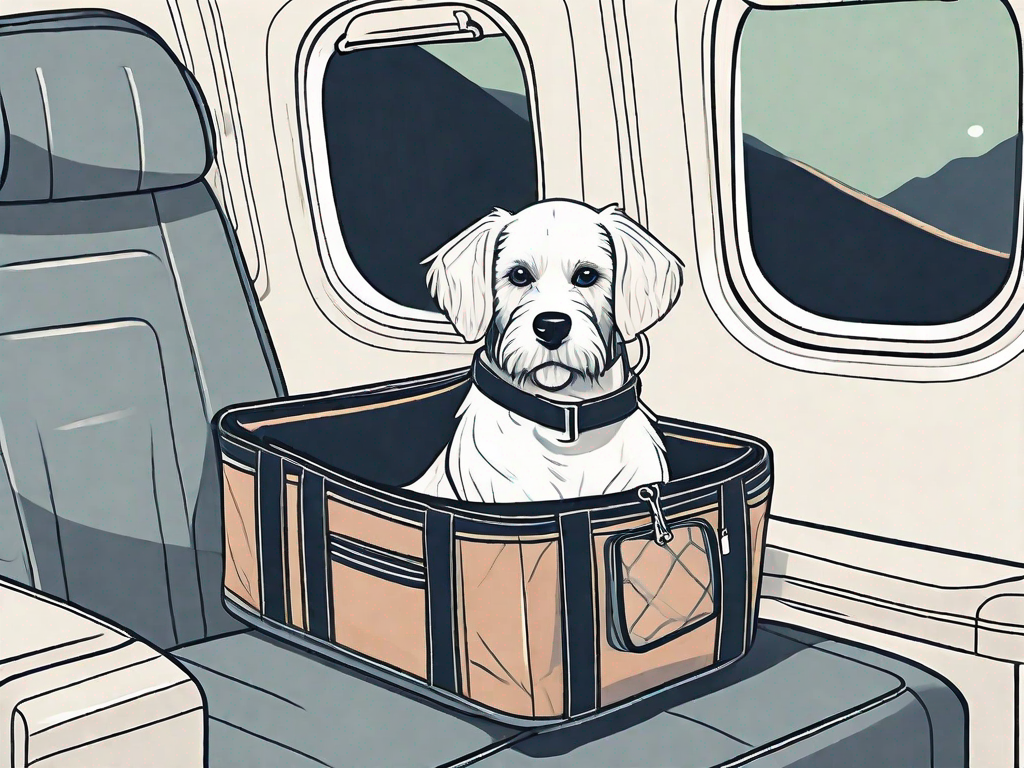 A dog sitting comfortably in a pet carrier inside an airplane cabin