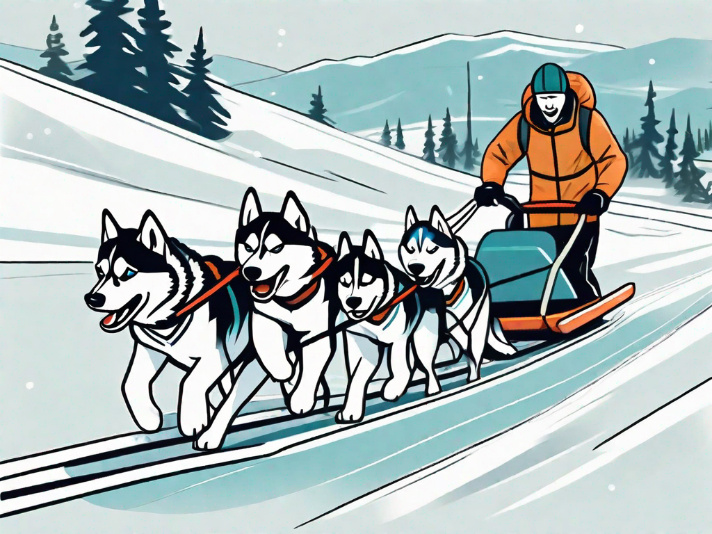A team of huskies energetically pulling a sled through a snowy landscape
