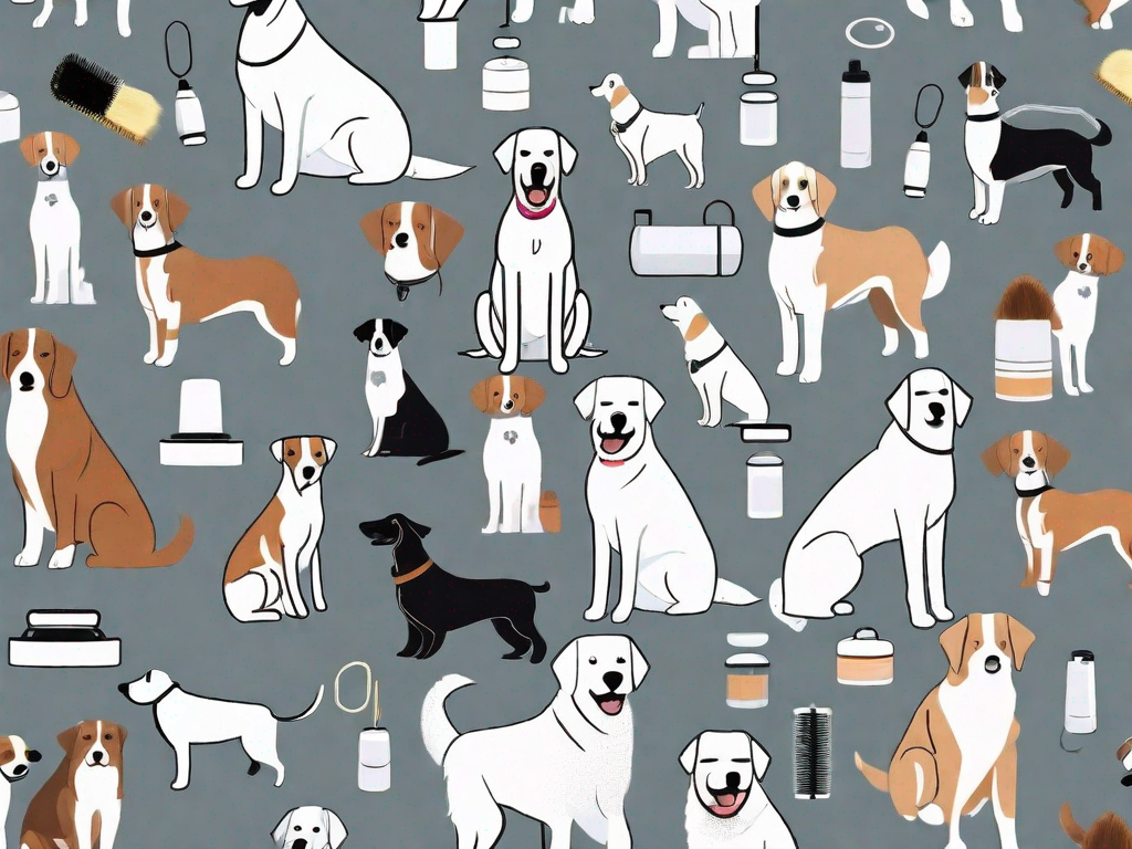 Various dog breeds surrounded by a selection of dog hair removal gadgets such as vacuum cleaners