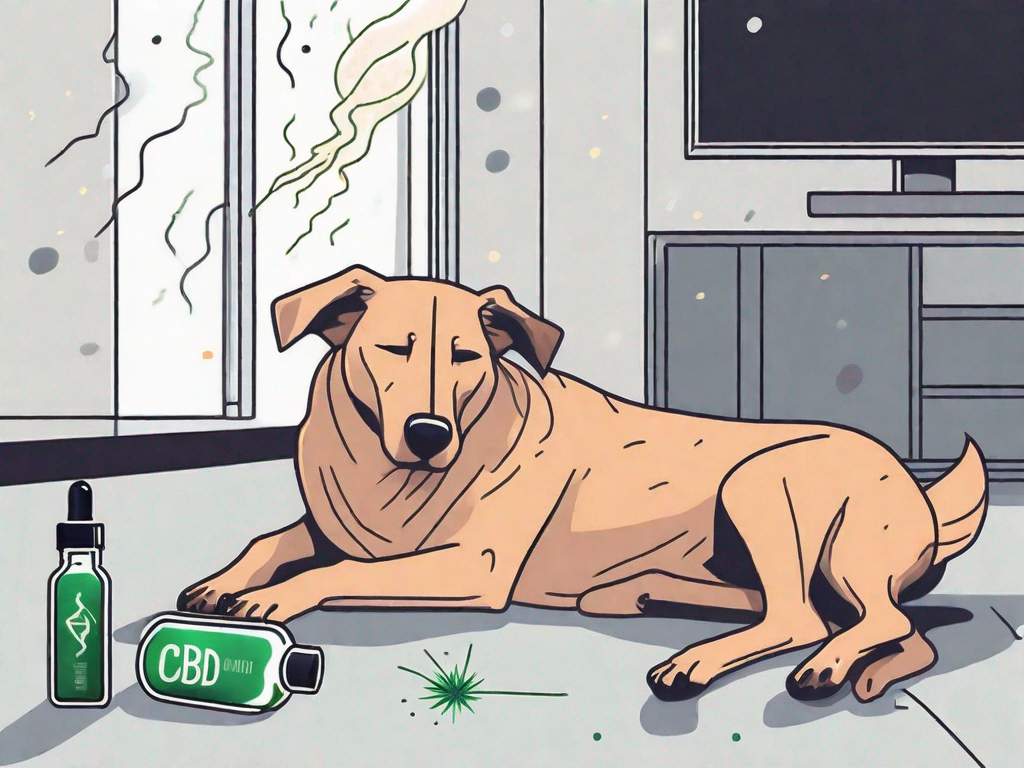 A calm dog lying down with a bottle of cbd oil nearby and subtle visual cues of common anxiety triggers like thunder