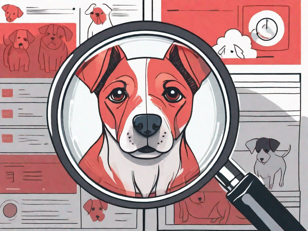 A magnifying glass hovering over a suspicious online dog listing