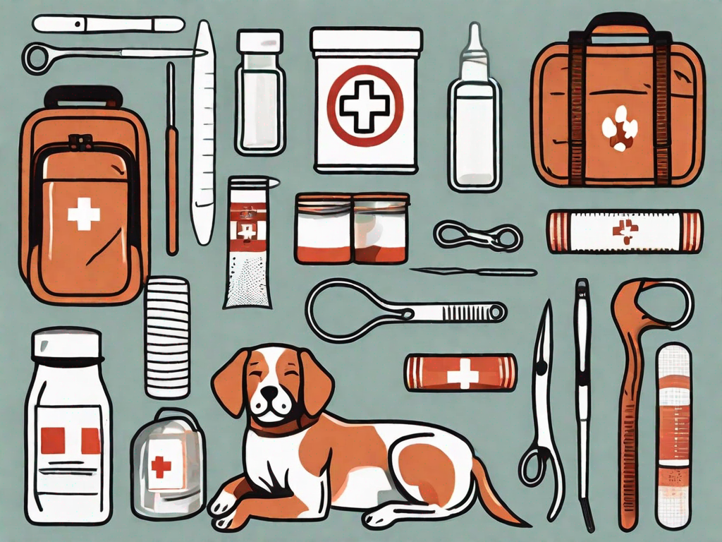 A well-stocked emergency kit with various dog-specific first aid items like bandages