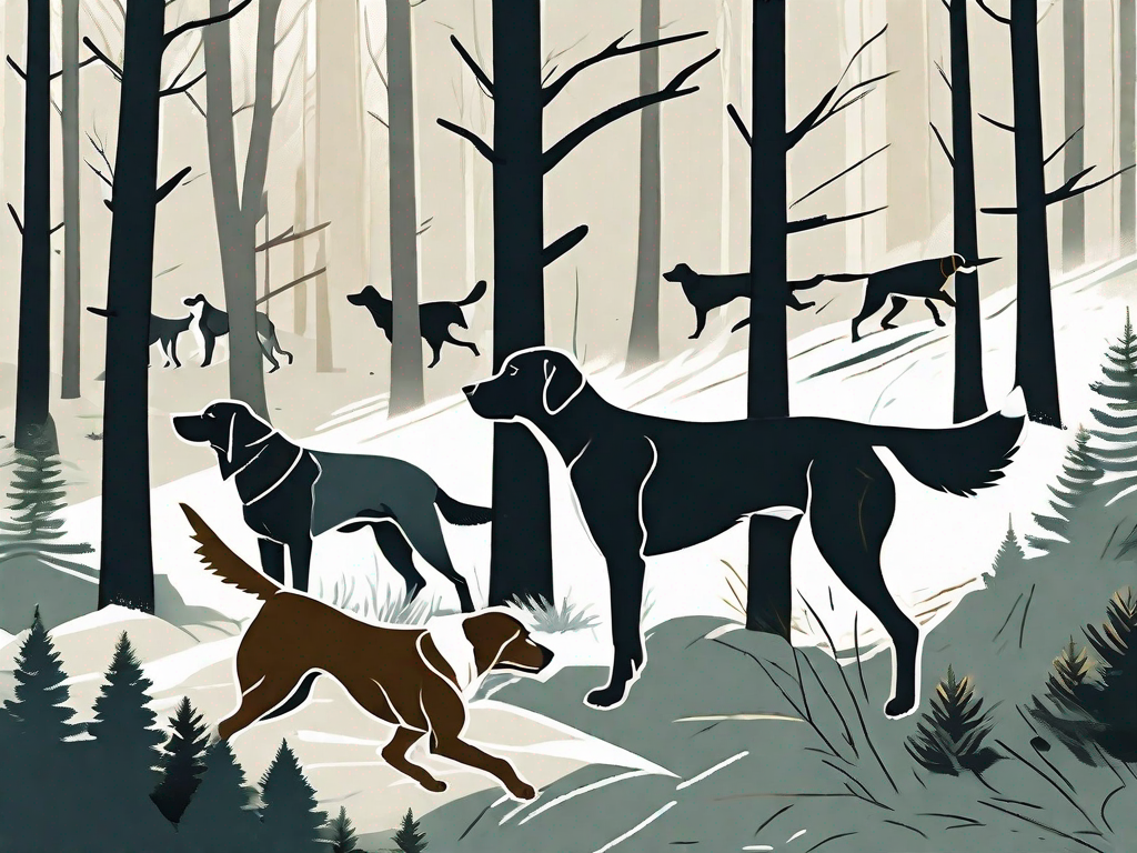 A variety of hunting dog breeds in a forest setting