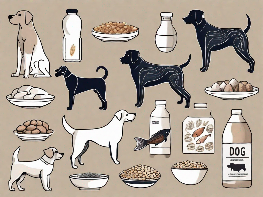Various dog breeds with different types of food such as dairy products