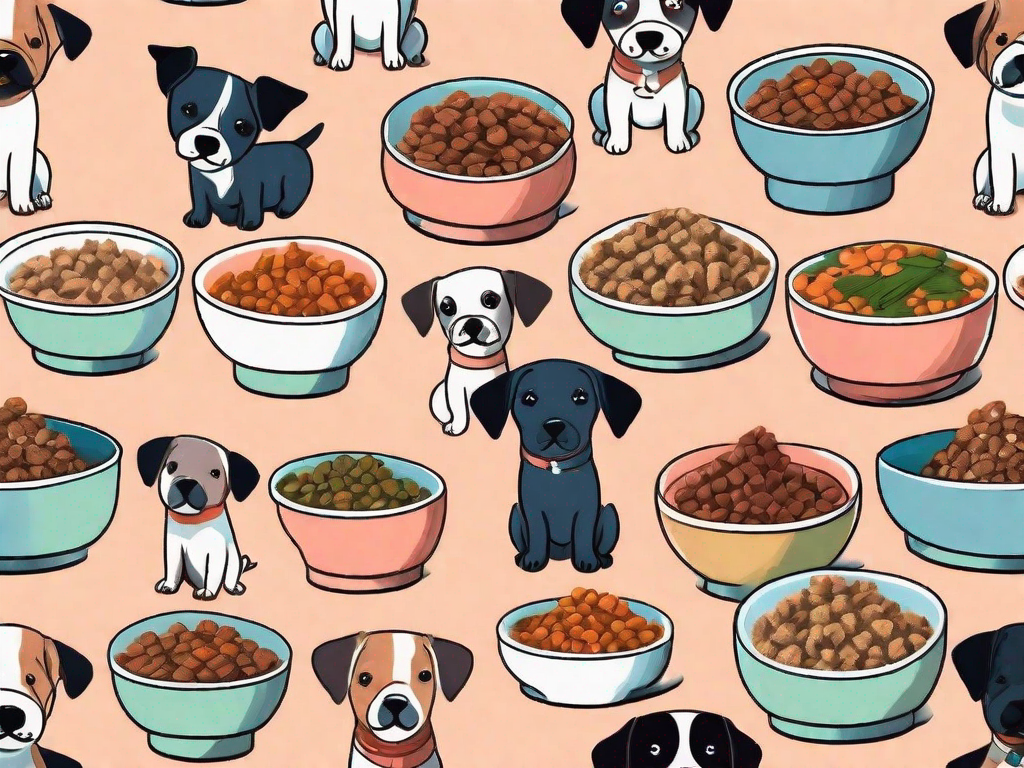 Several types of puppy food displayed in colorful bowls