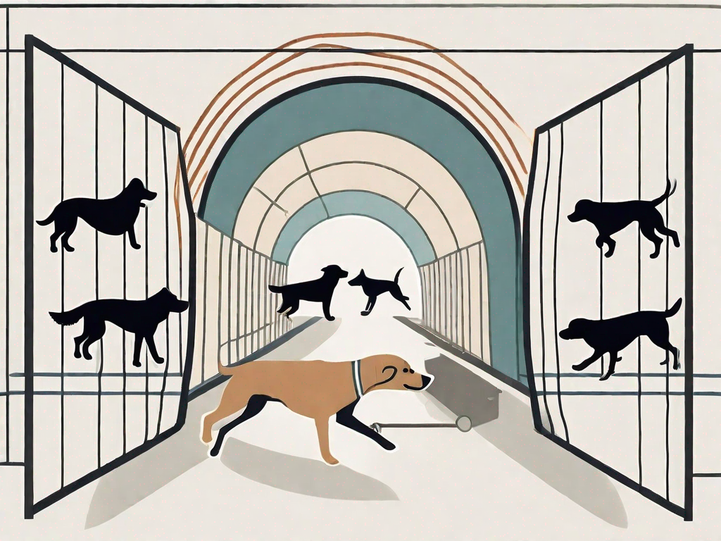 Various breeds of dogs performing different agility exercises such as running through tunnels