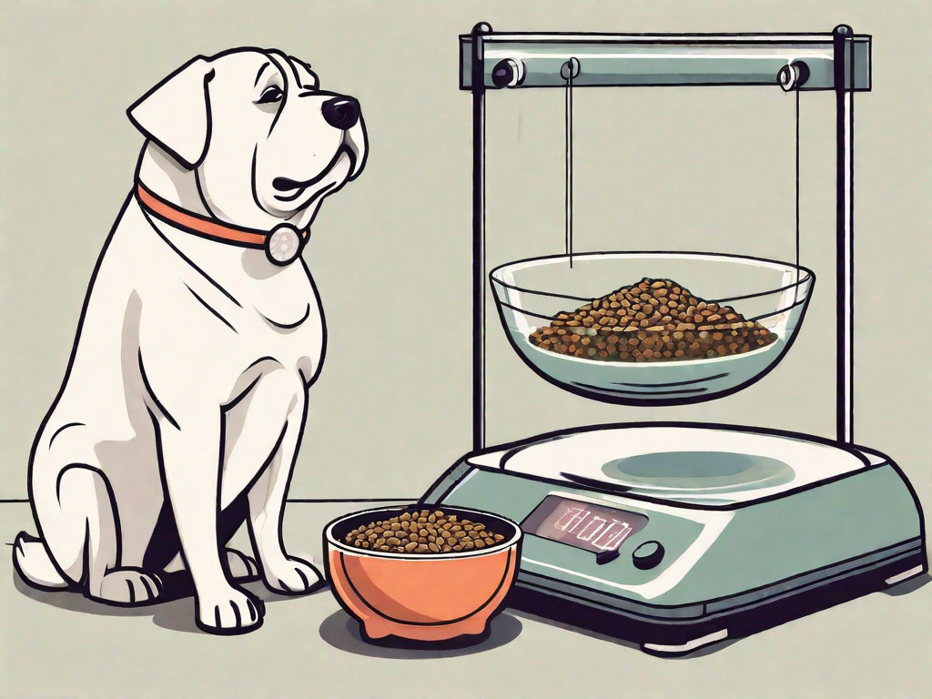 An overweight dog looking at a bowl of healthy dog food