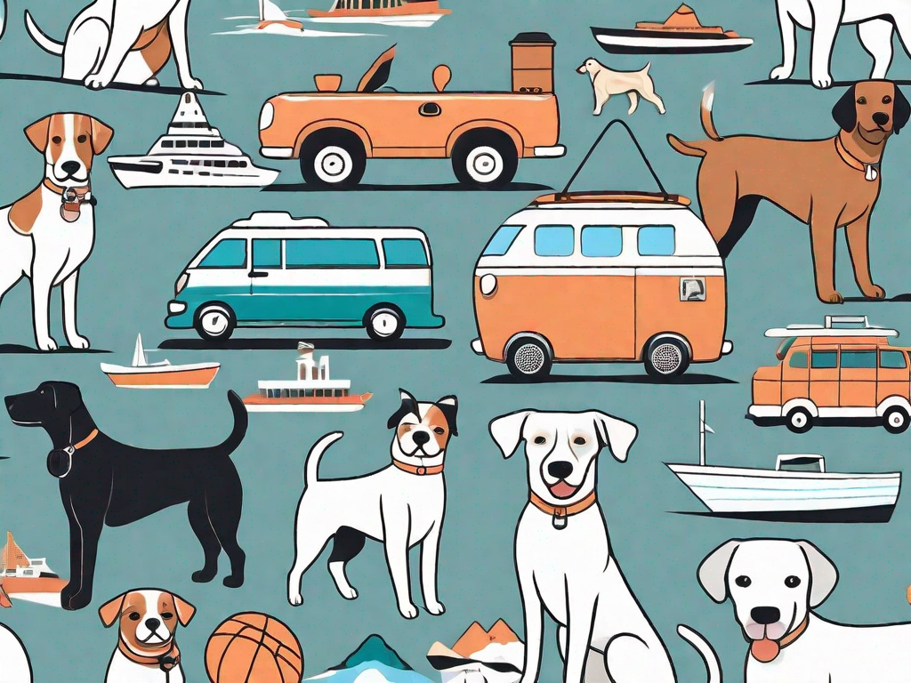 A variety of dog breeds with travel items like a pet carrier
