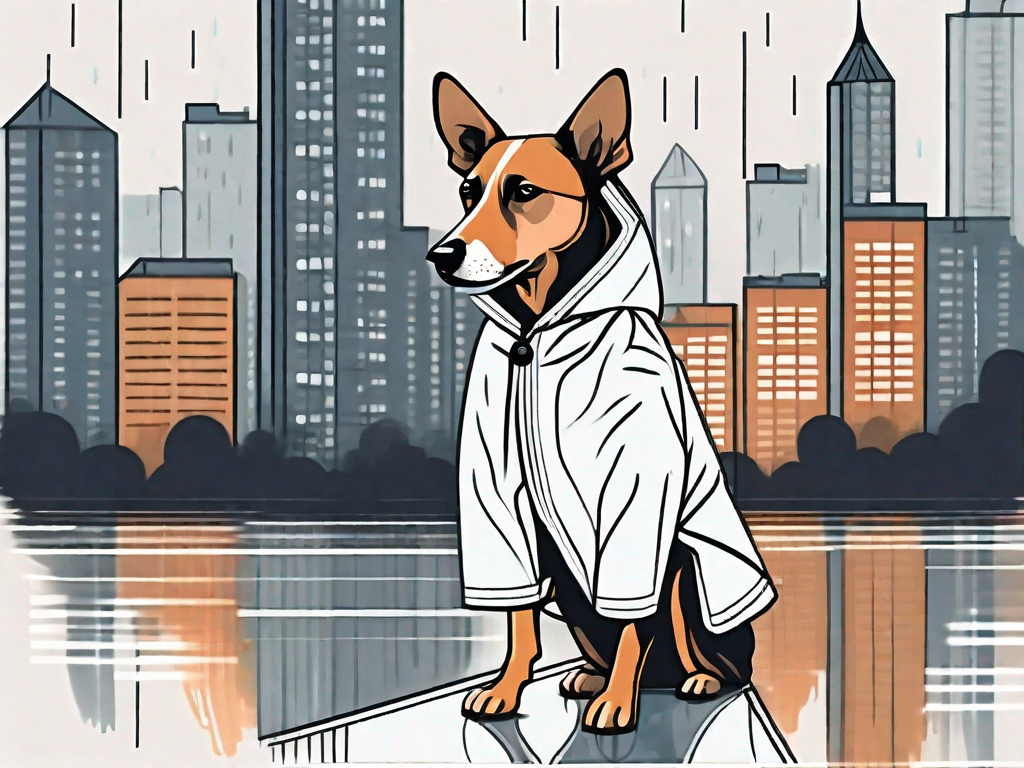 A fashionable dog wearing a stylish raincoat