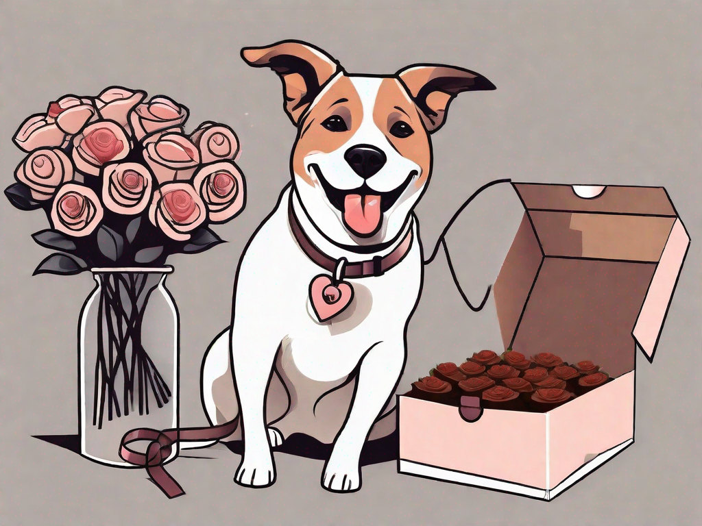 A happy dog sitting next to a box of chocolates and a bouquet of roses