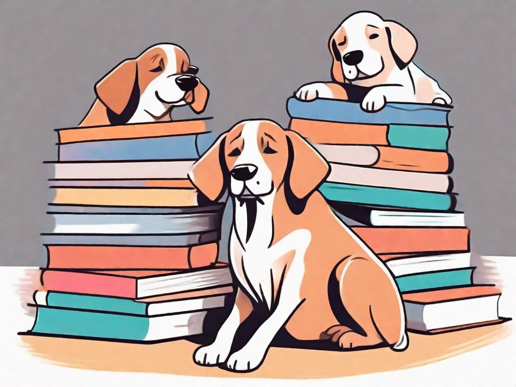 A few different dog breeds playfully interacting with a pile of colorful books